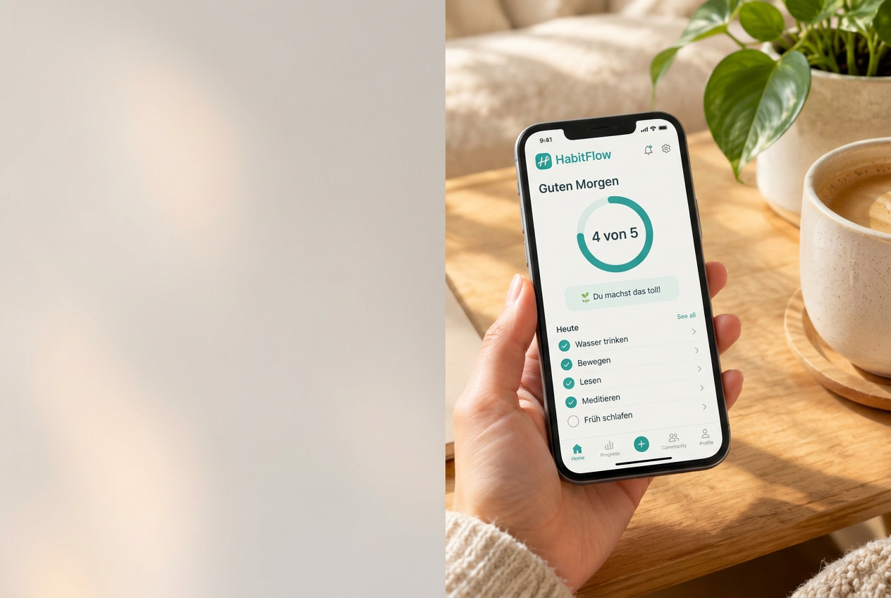 HabitFlow auf einem Smartphone neben einer Tasse Kaffee
